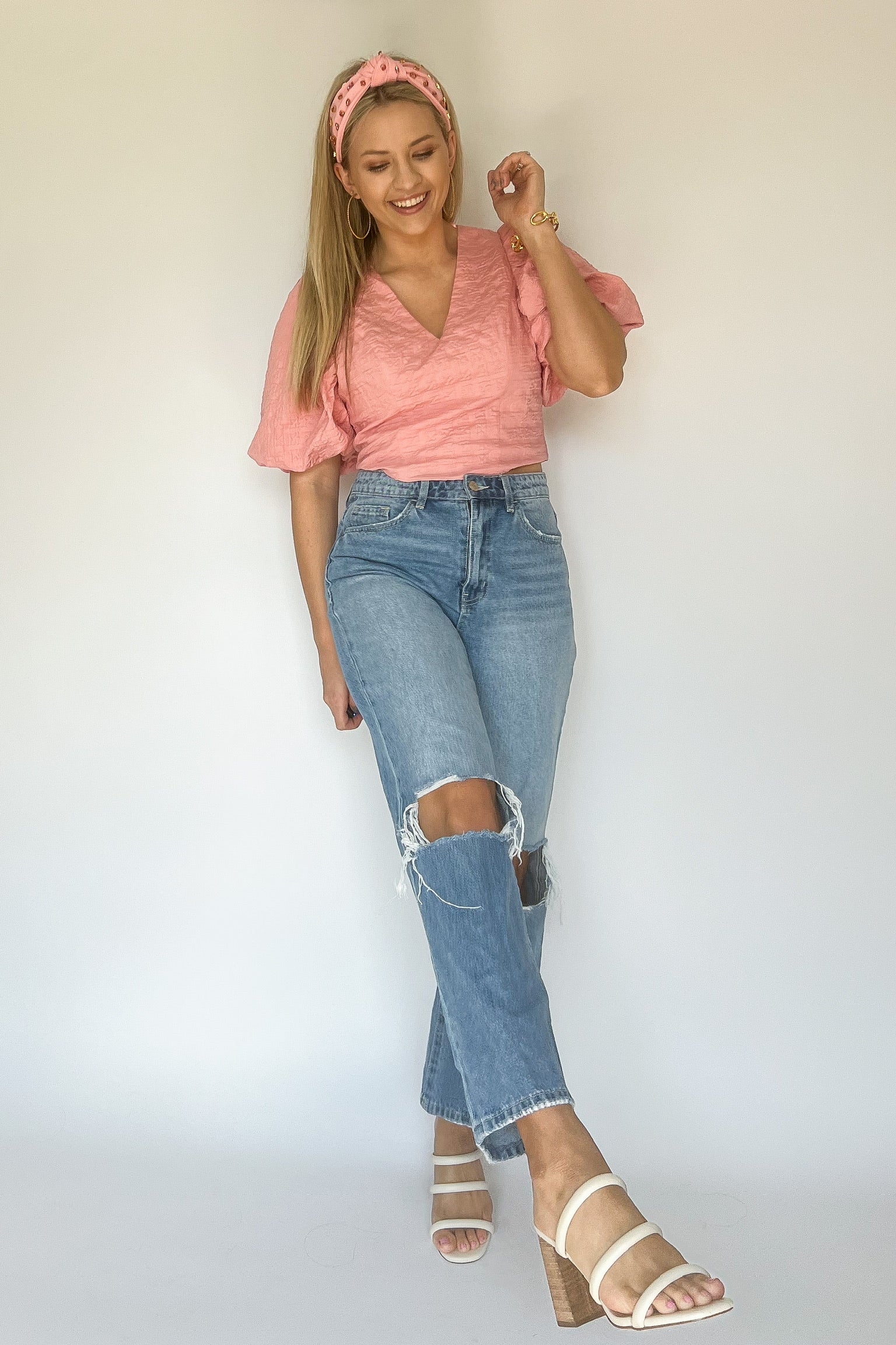 august apparel pink puff sleeve top